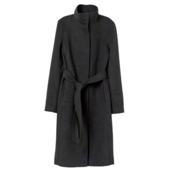 H&M Long Below Knee Tie Waist Belted Snap Closure High Neck Trench Wool Coat S - Picture 2 of 4